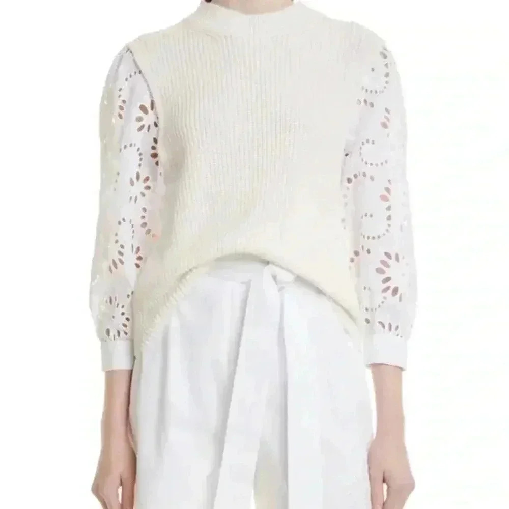 Hugo Boss Faurelia Eyelet Sleeve Cotton Rib and Silk Top | Medium| sweater